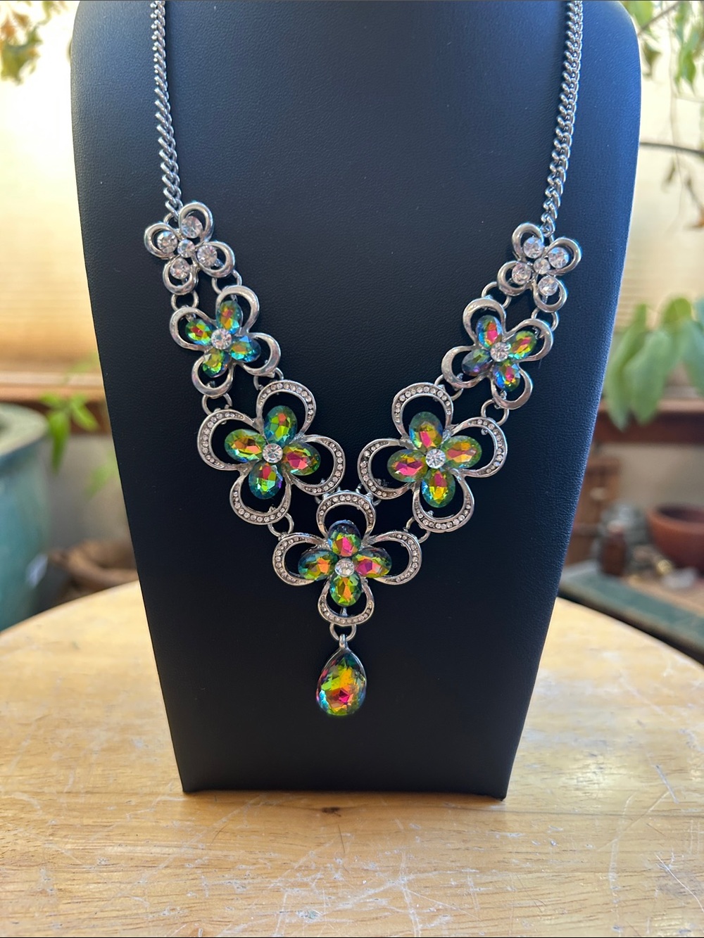 Multicolor Iridescent Glass Flower Statement Necklace